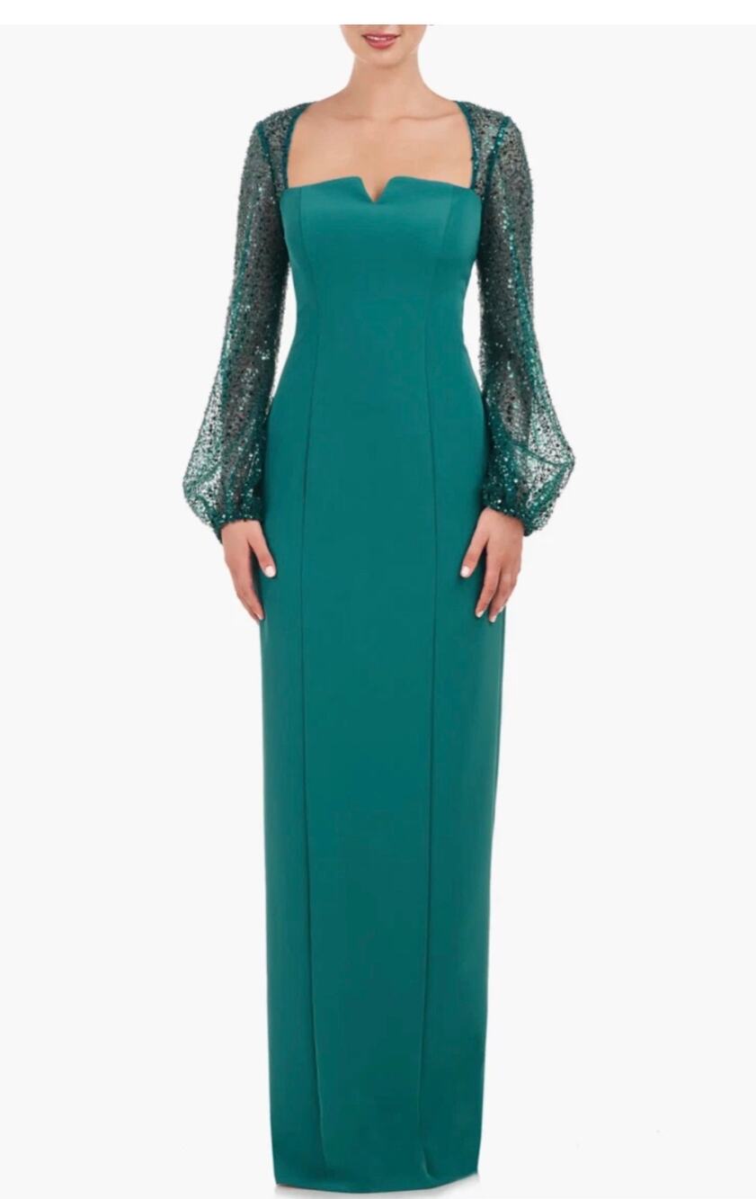 J S Collections Emerald Teal Sequin Long Sleeve Evening Gown Size 6